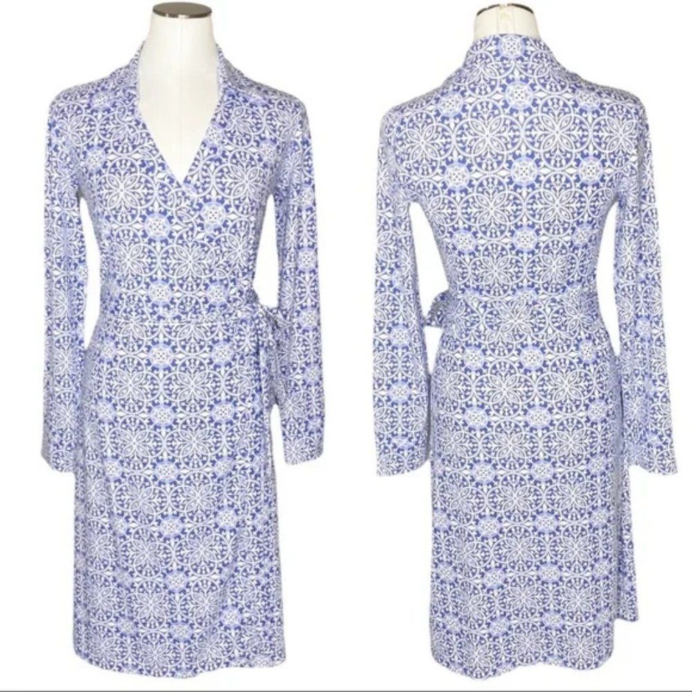 Pendleton Blue White Medallion Tile Print Jersey Wrap Dress Med